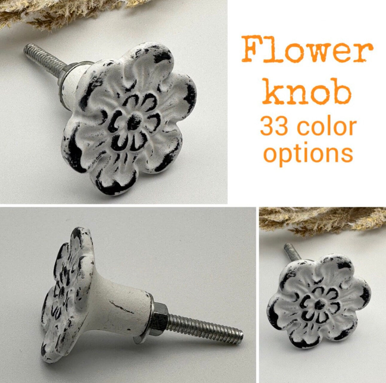 Flower Cottage Chic Knobs / Drawer or Desk Knobs / Dresser Drawer Pulls / Distressed White Knobs / Shabby Chic Style / Cabinet Handles