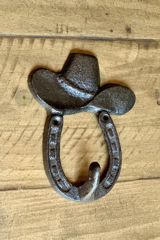 Cowboy Cowgirl hat Horseshoe (FREE SCREWS 40 colors) Cast Iron Wall Hook, Industrial Farmhouse Decor, Country Farmhouse Decor Gift,