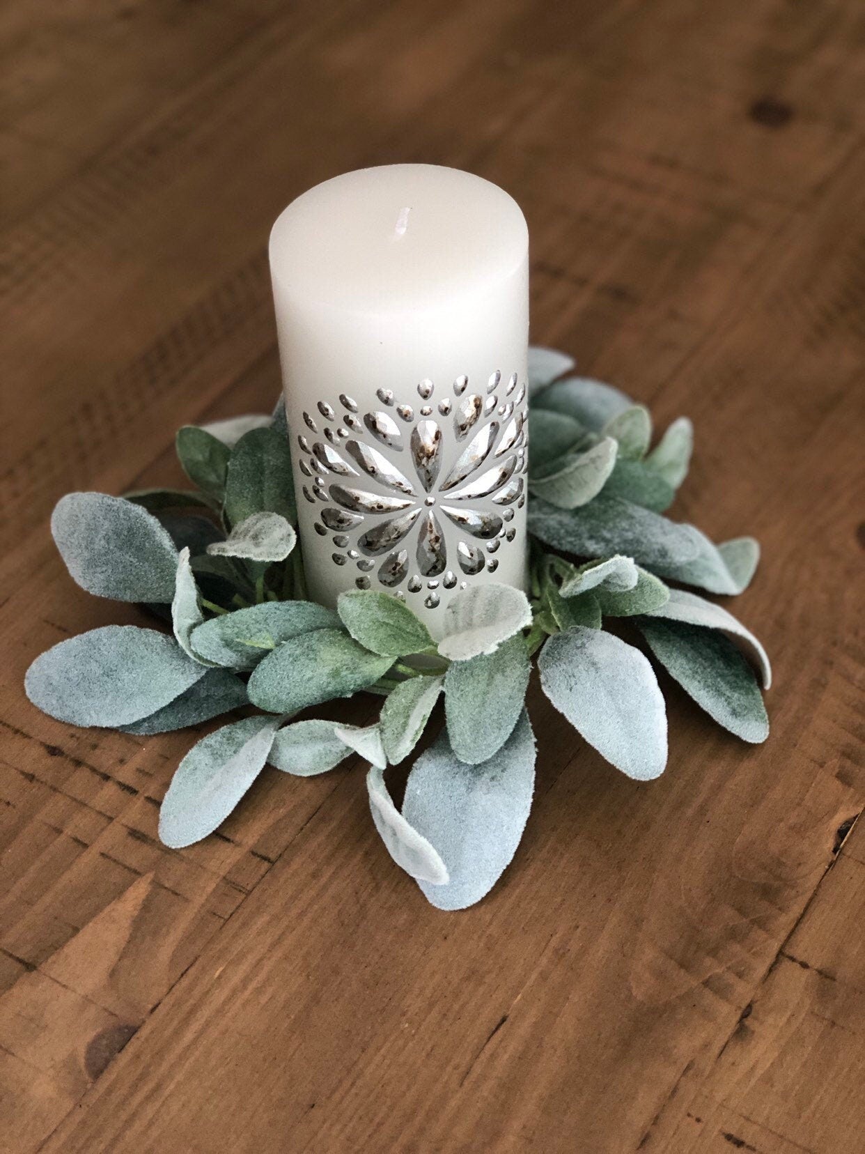 SALE/Lambs Ear Greenery Candle Ring Mini Wreath Wreath for Spring, Year Round Rustic Farmhouse Home Decor, Wedding centerpiece