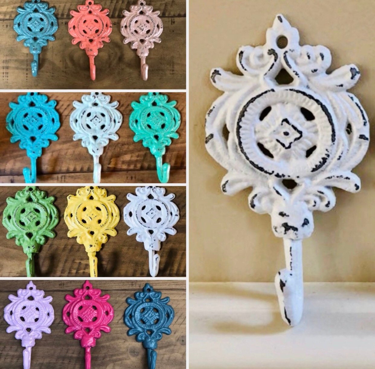 Cast iron Decorative wall hook/Pick color/ Shabby chic metal hooks/ Vintage hook/ cabin/ french country/ beach/ metal wall hook/mud room